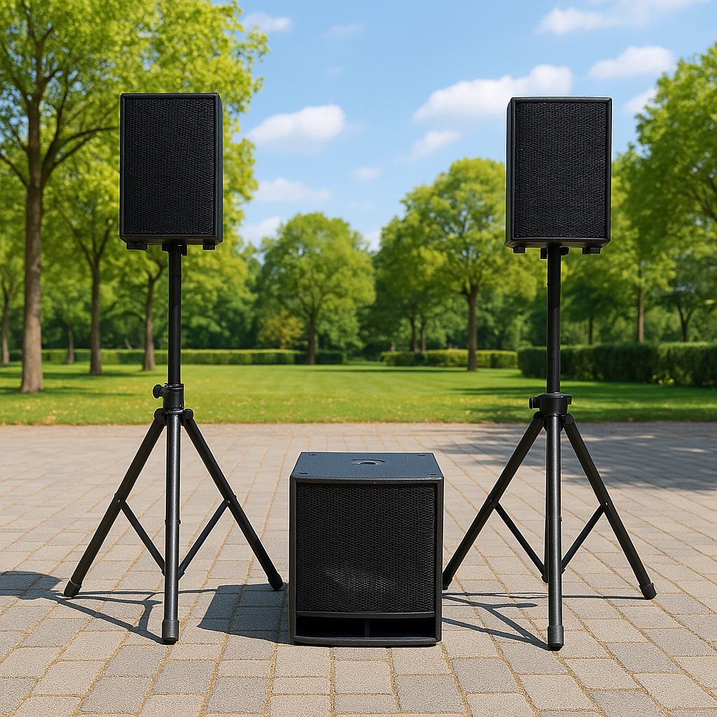 Outdoor sound system with two speakers on stands and a subwoofer on a paved area with green trees and blue sky in the background.