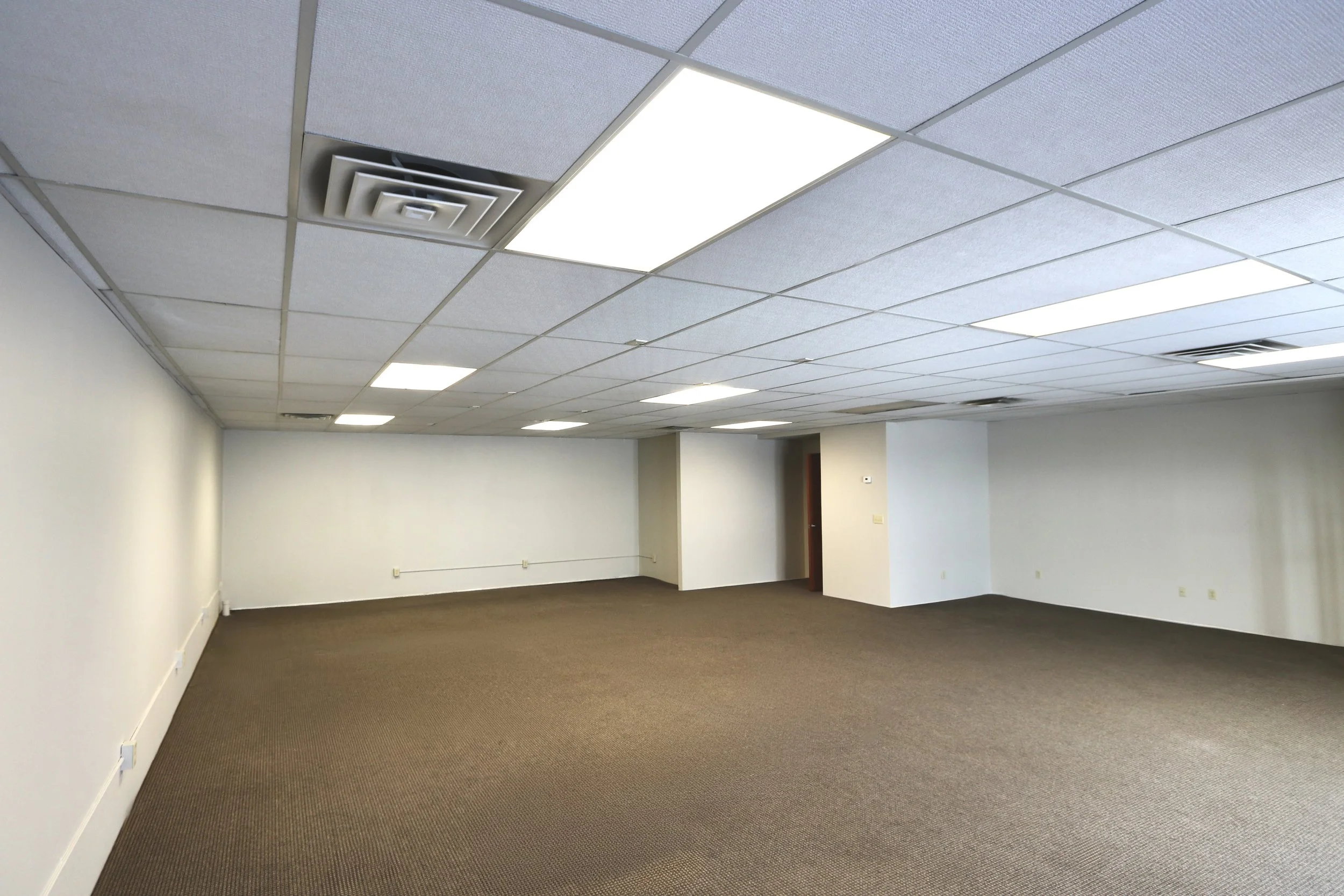 Empty office space with white walls, brown carpet, and ceiling tiles with fluorescent lighting.