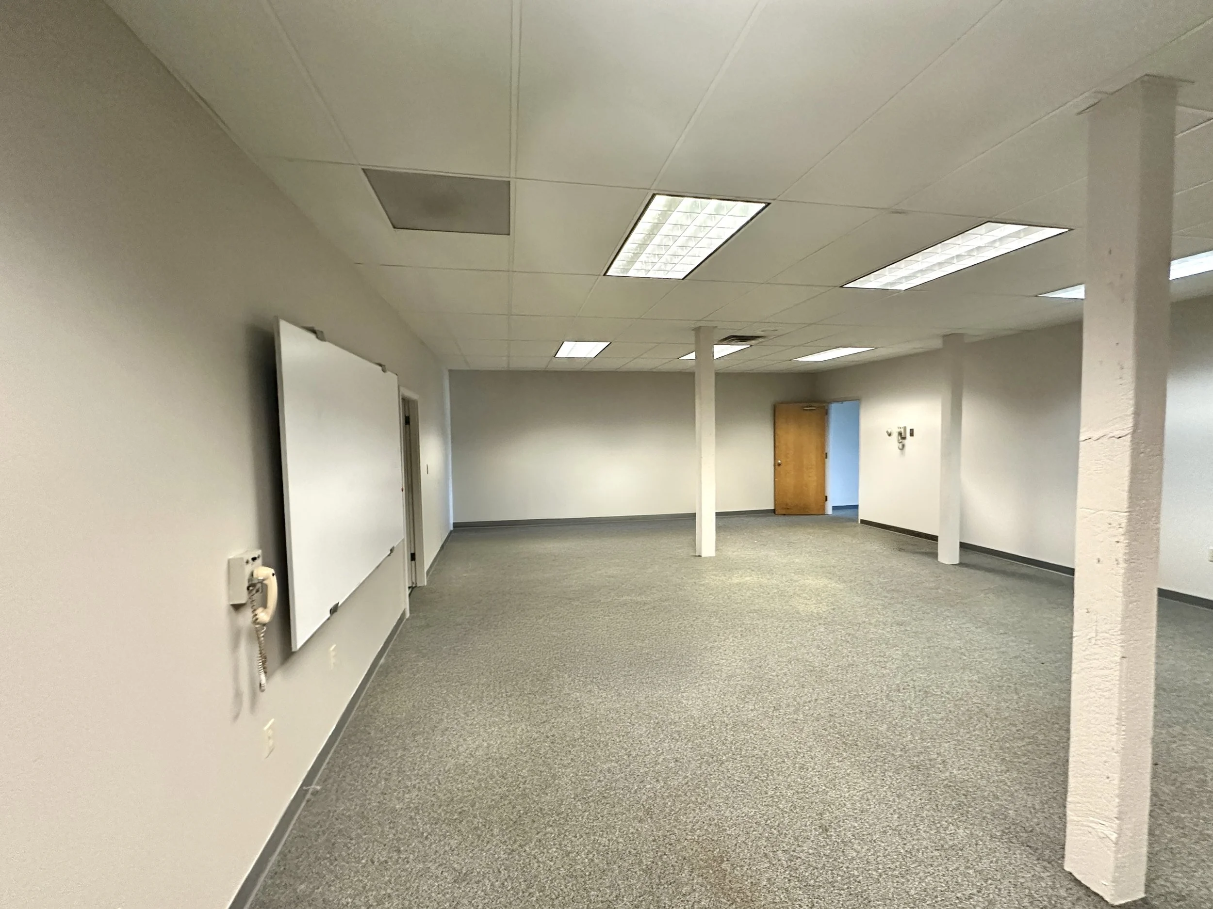 Empty office room with gray carpet, white walls, ceiling with fluorescent lights, a whiteboard on the wall, a telephone, and a wooden door at the back.