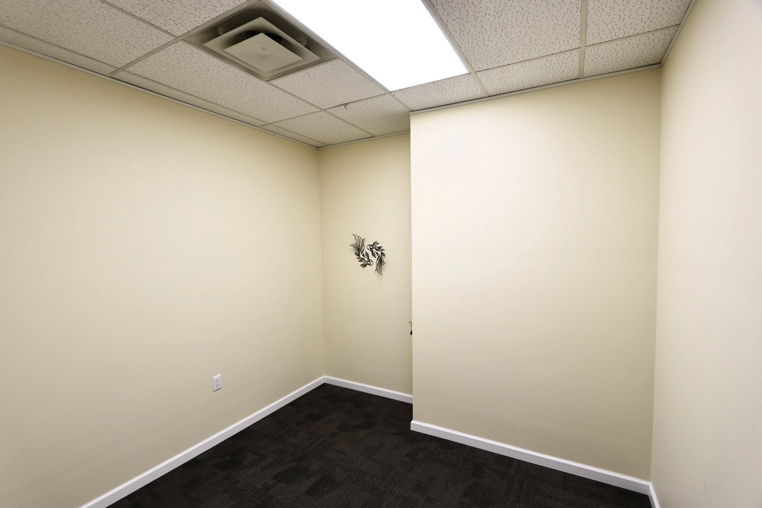 Empty office corner with beige walls, dark carpet, a small metal wall art, and a tiled ceiling with a fluorescent light and air vent.