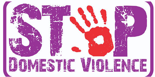 Logo for STOP domestic violence with purple text and a red handprint in the shape of a hand.