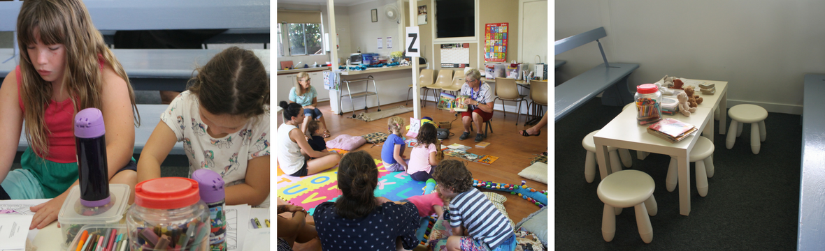 Three side-by-side images of children engaged in different activities, including arts and crafts, reading and group learning in a classroom, and a small play area with a table, stools, and toys.