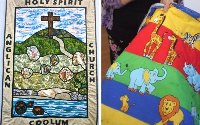 Side-by-side images of a stained glass church window and a colorful children's blanket with animal illustrations.