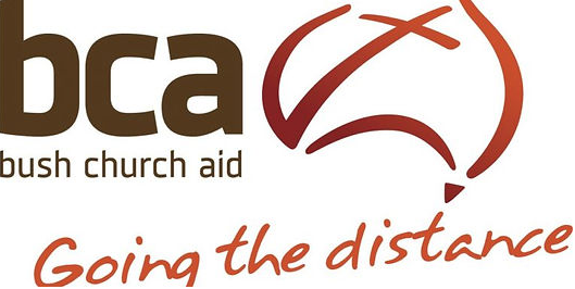 Logo for Bush Church Aid featuring the acronym BCA, a stylized globe or map, and the slogan 'Going the distance' in handwritten font.