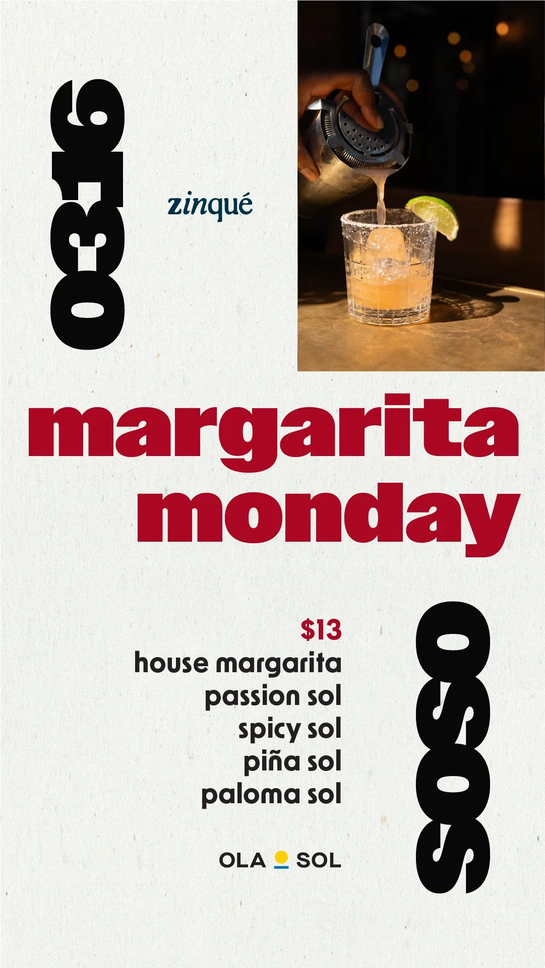 Menu for Margarita Monday at zinqué Newport