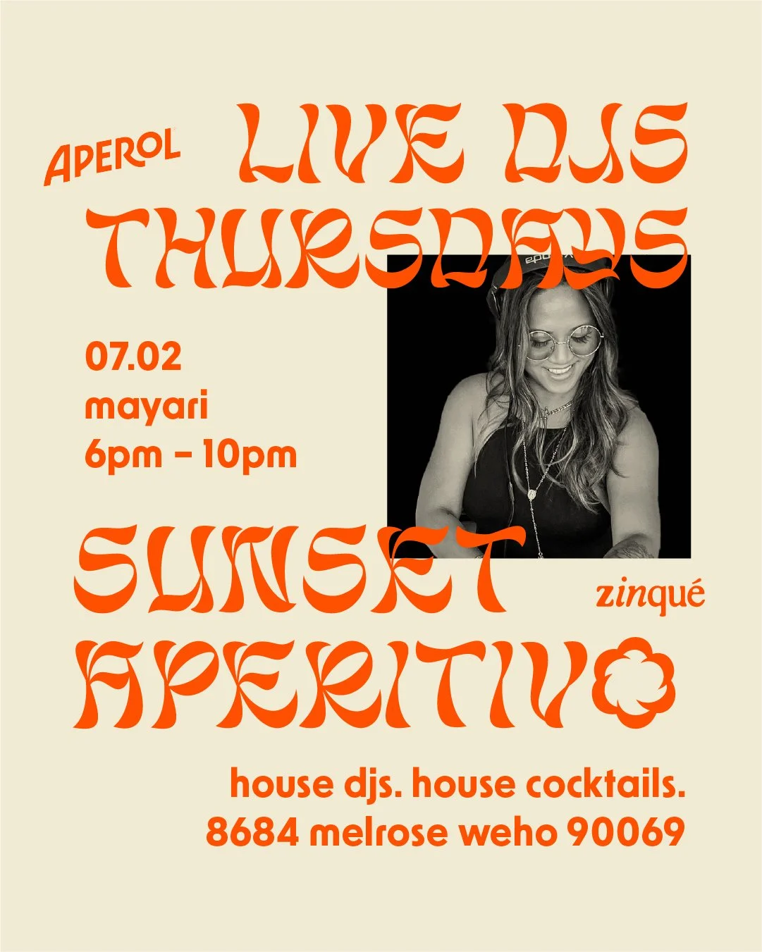 Promo for Sunset Aperitivo with DJ Mayari at zinqué West Hollywood