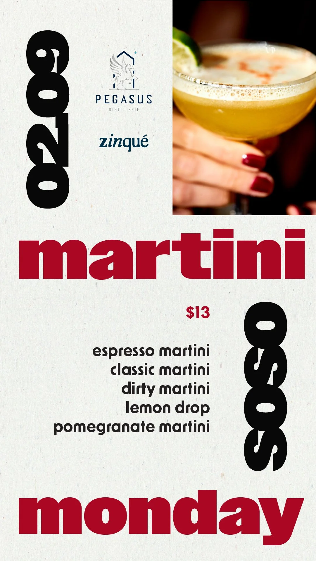 Menu for Martini Monday at zinqué Venice