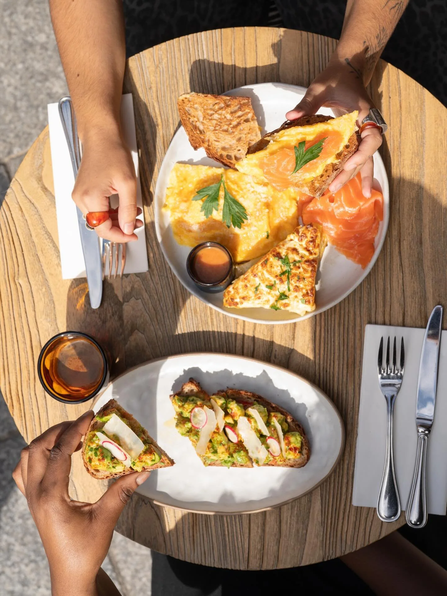 soft scramble with parmesan, herbs, lime &amp; whole grain toast. add prosciutto, smoked salmon, fries, potato gratin, golden weiser potatoes &amp; onion confit or bacon.
avocado toast with pan con tomate, parmesan, radishes &amp; piment d&rsquo;espe