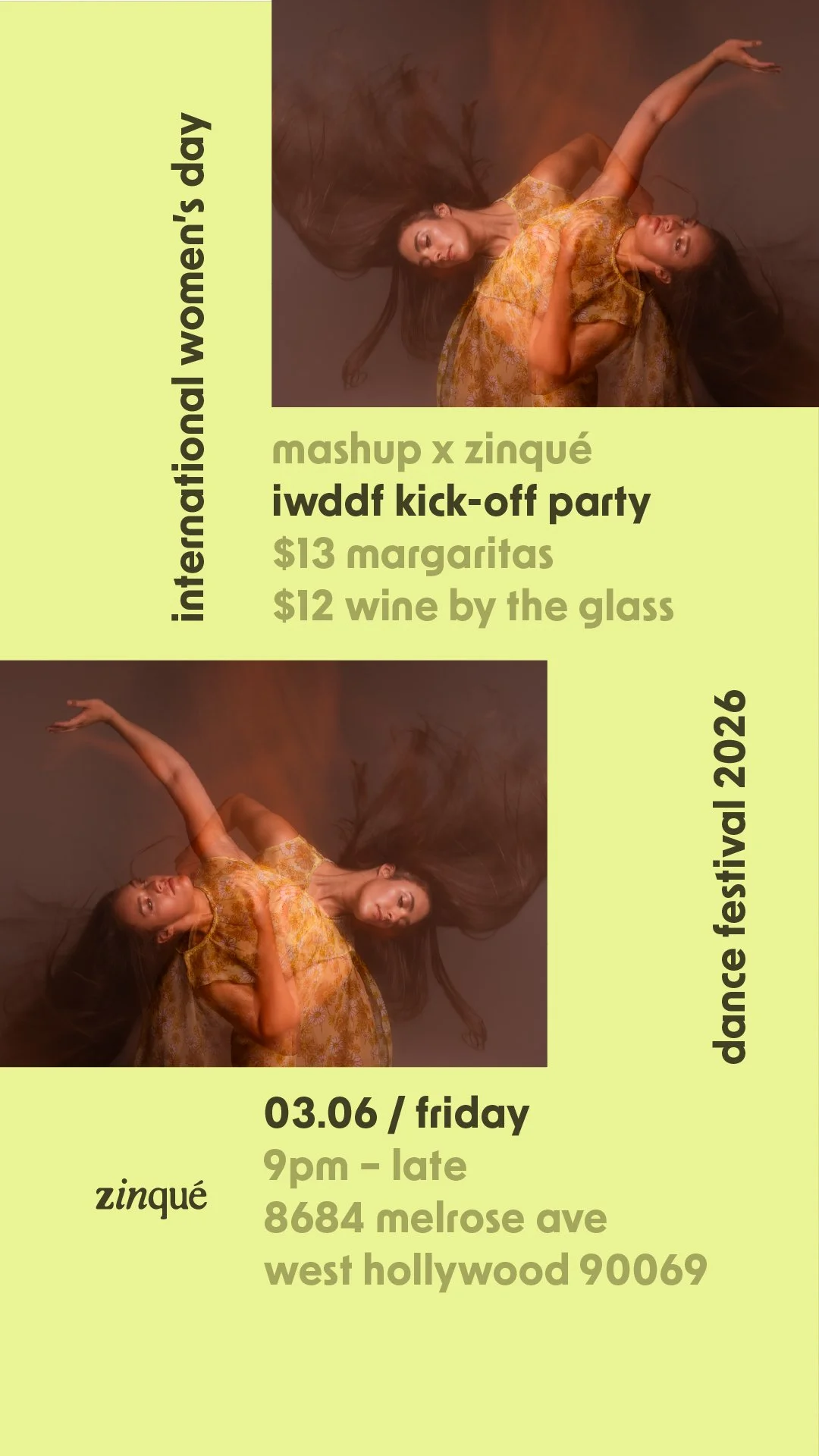 Promo for Itnernational Women's Day Dance Festival Kick-Off Party at zinqué West Hollywood