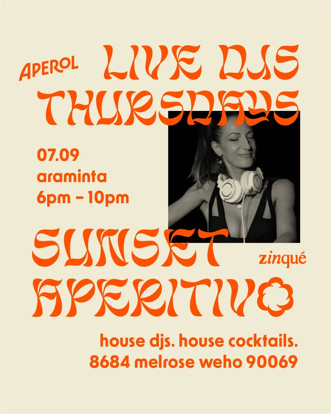 Promo for Sunset Aperitivo with DJ Araminta at zinqué West Hollywood