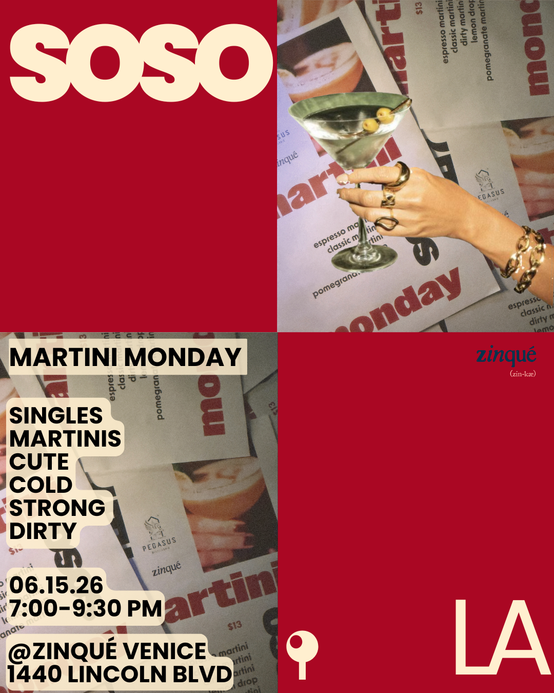 Promo for Martini Monday Singles Night at zinqué Venice