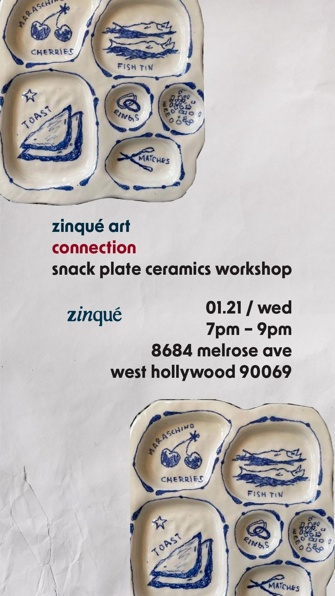 Promo for Snack Plate Ceramics Workshop at zinqué West Hollywood