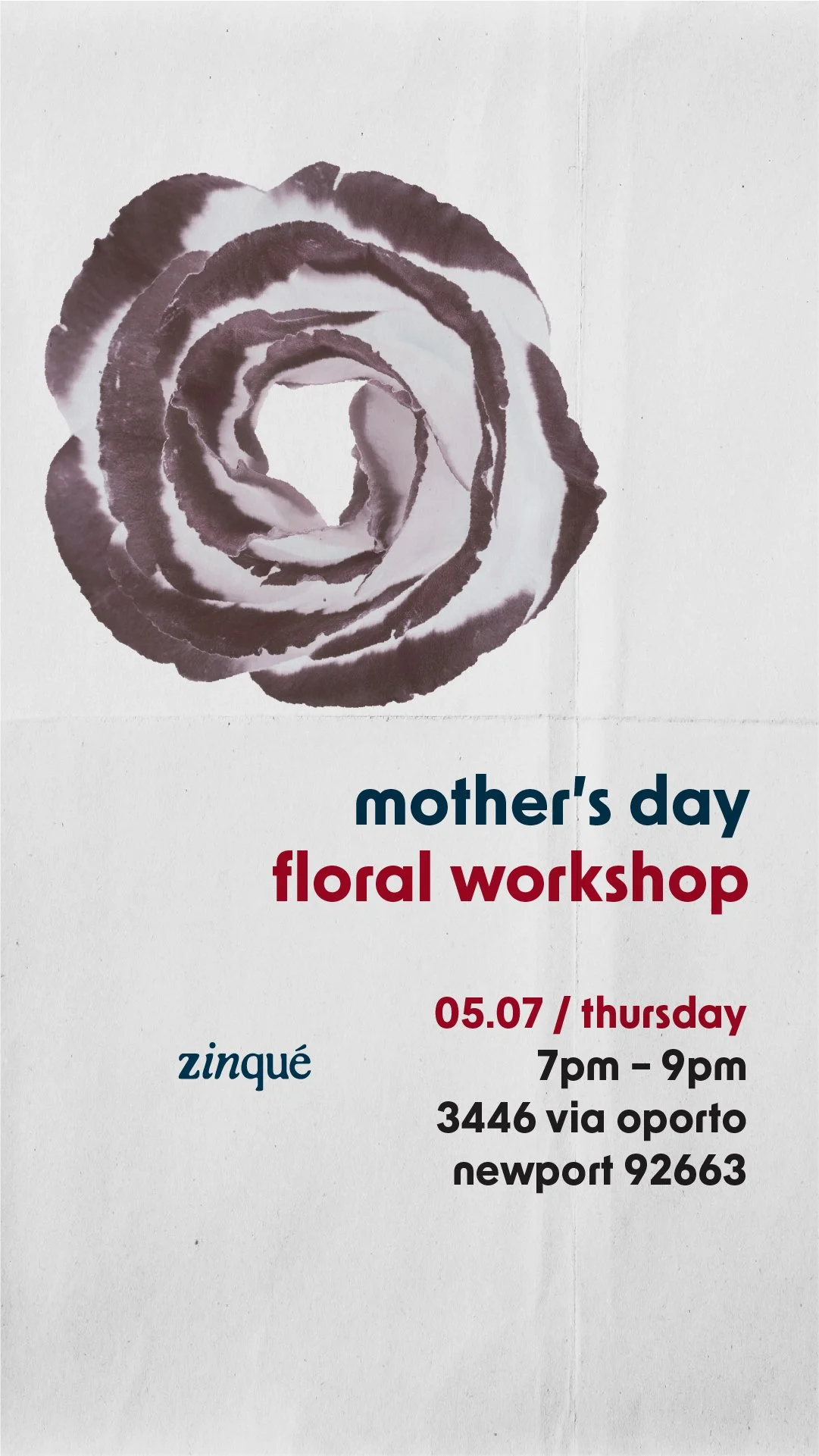 Promo for Mother's Day Floral Workshop at zinqué Newport