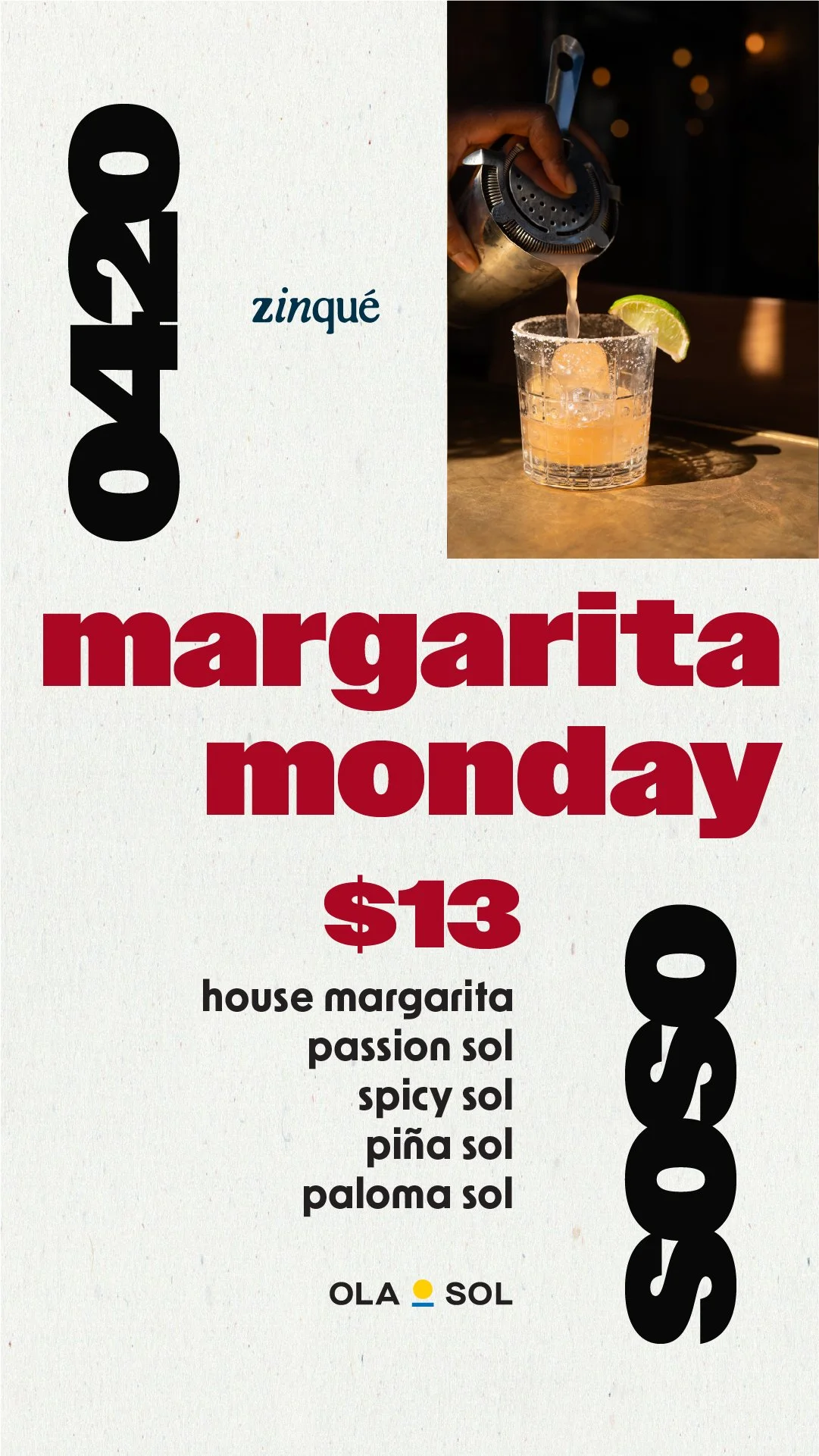 Menu for Margarita Monday at zinqué Newport