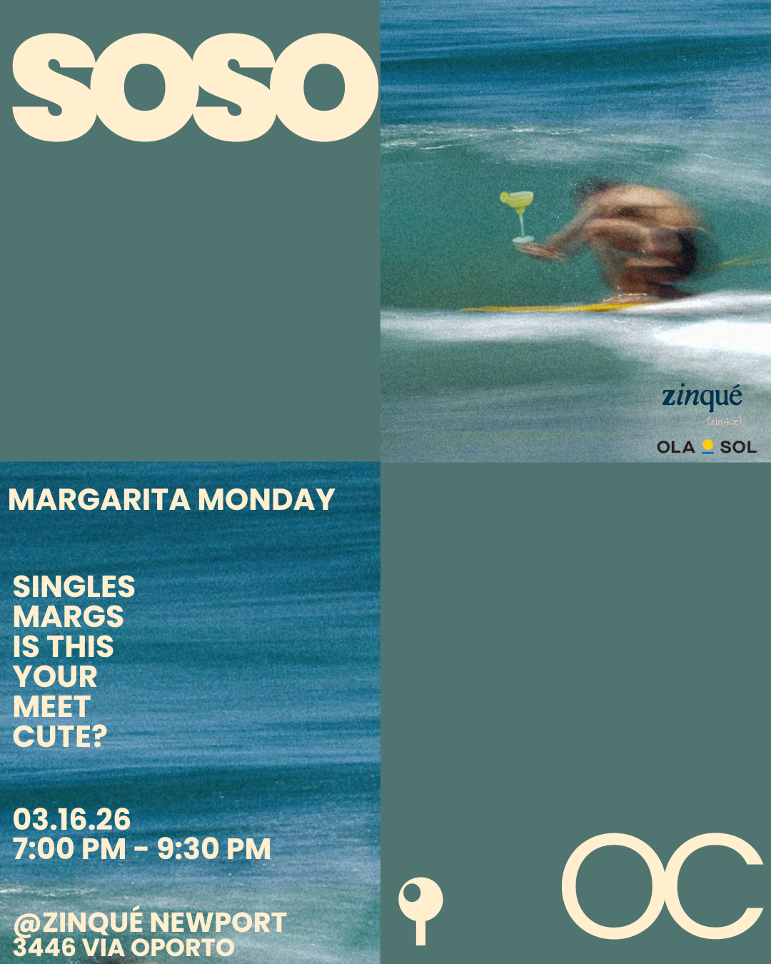 Promo for Margarita Monday Singles Night at zinqué Newport