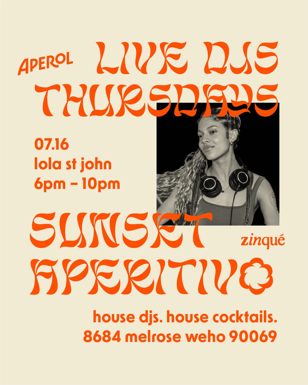 Promo for Sunset Aperitivo with DJ Lola St. John at zinqué West Hollywood