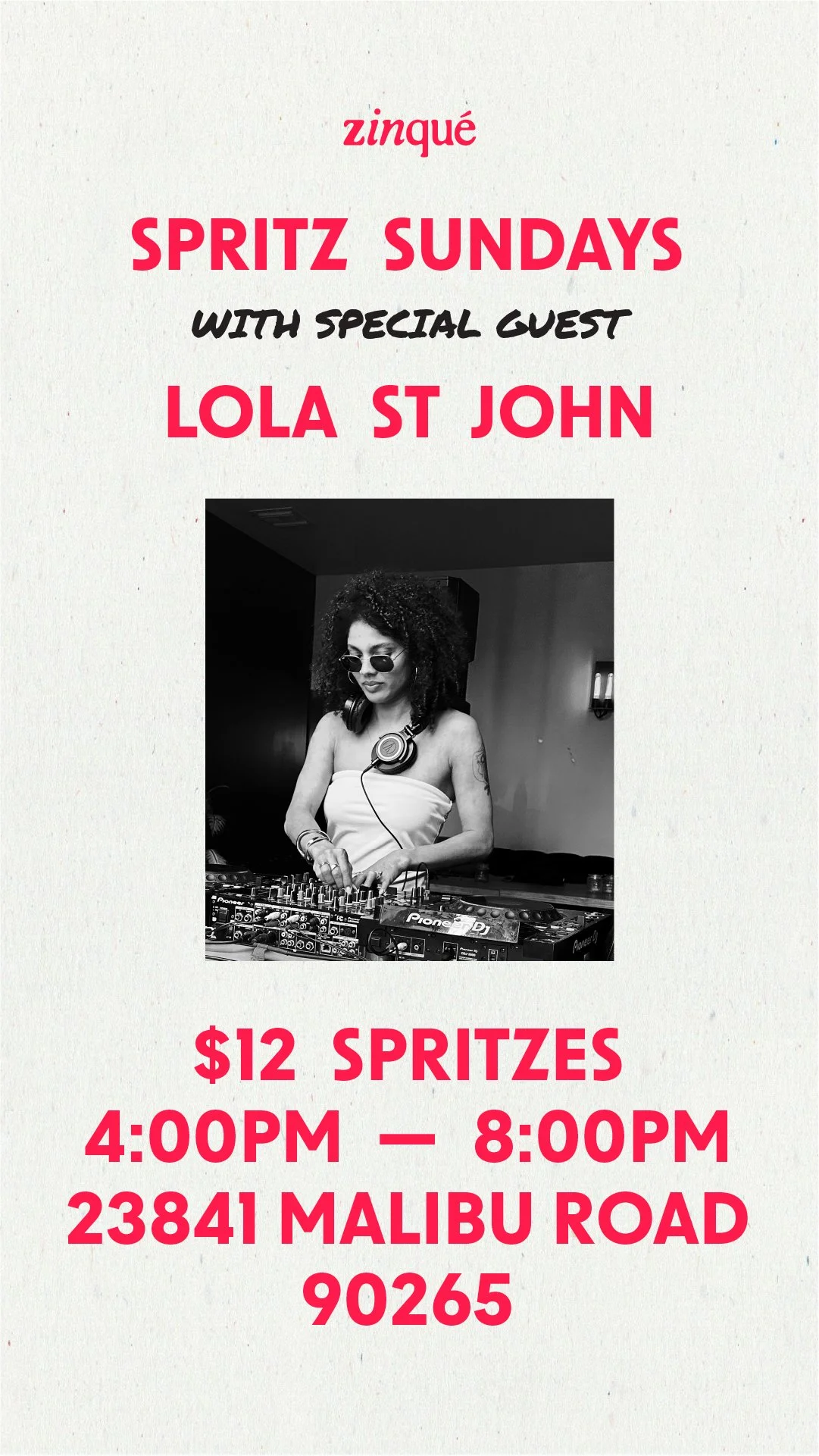 Promo for Spritz Sundays with DJ Lola St John at zinqué Malibu