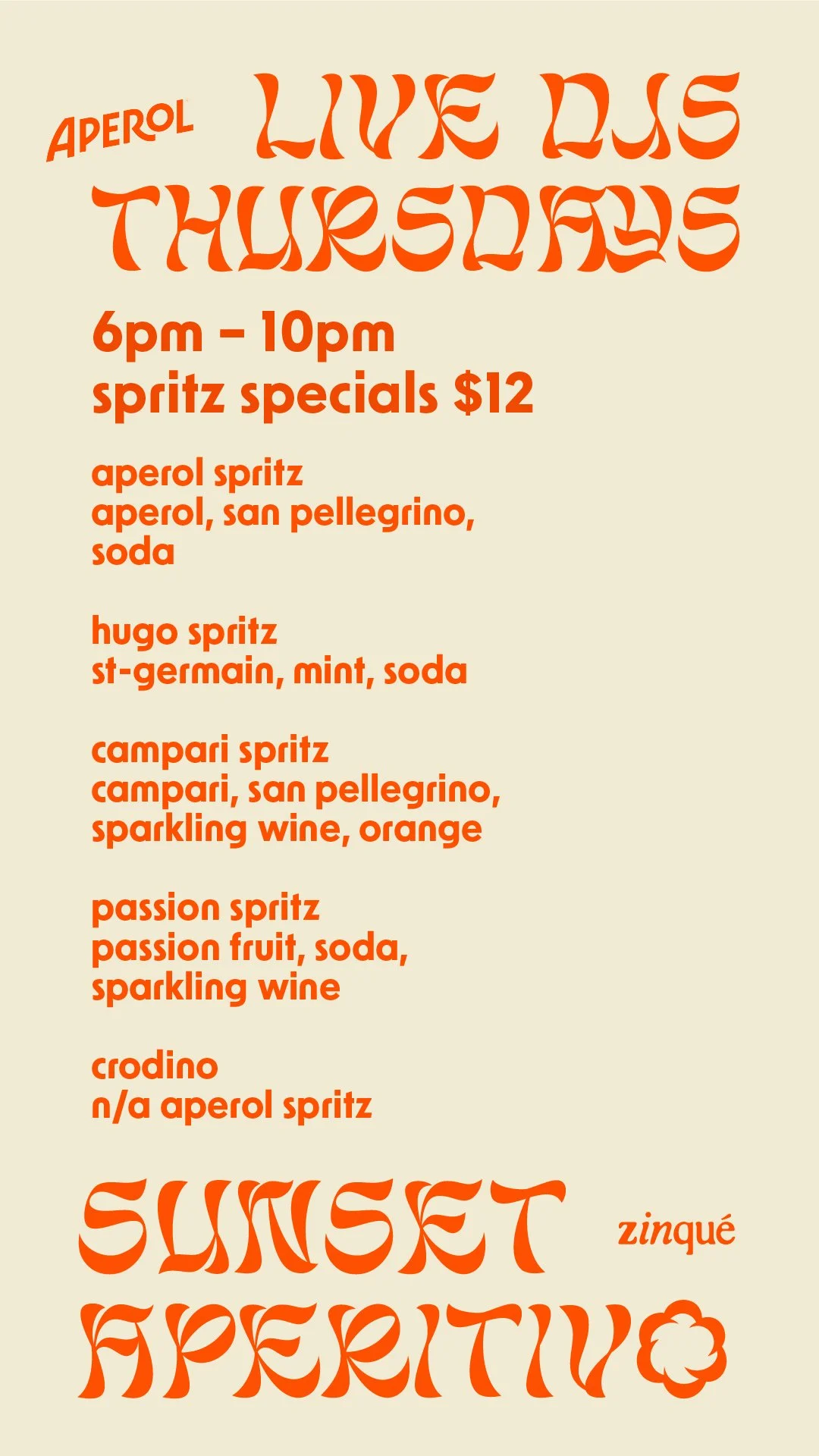 Spritz Menu for Sunset Aperitivo at zinqué West Hollywood