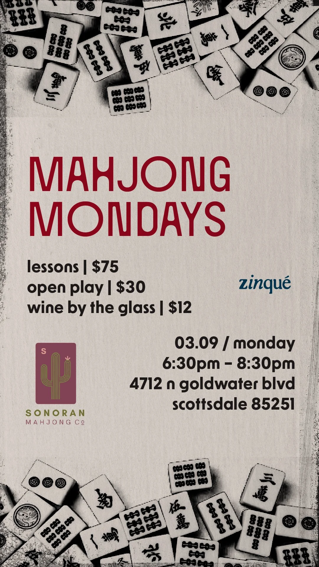 Promo for Mahjong Monday at zinqué Scottsdale