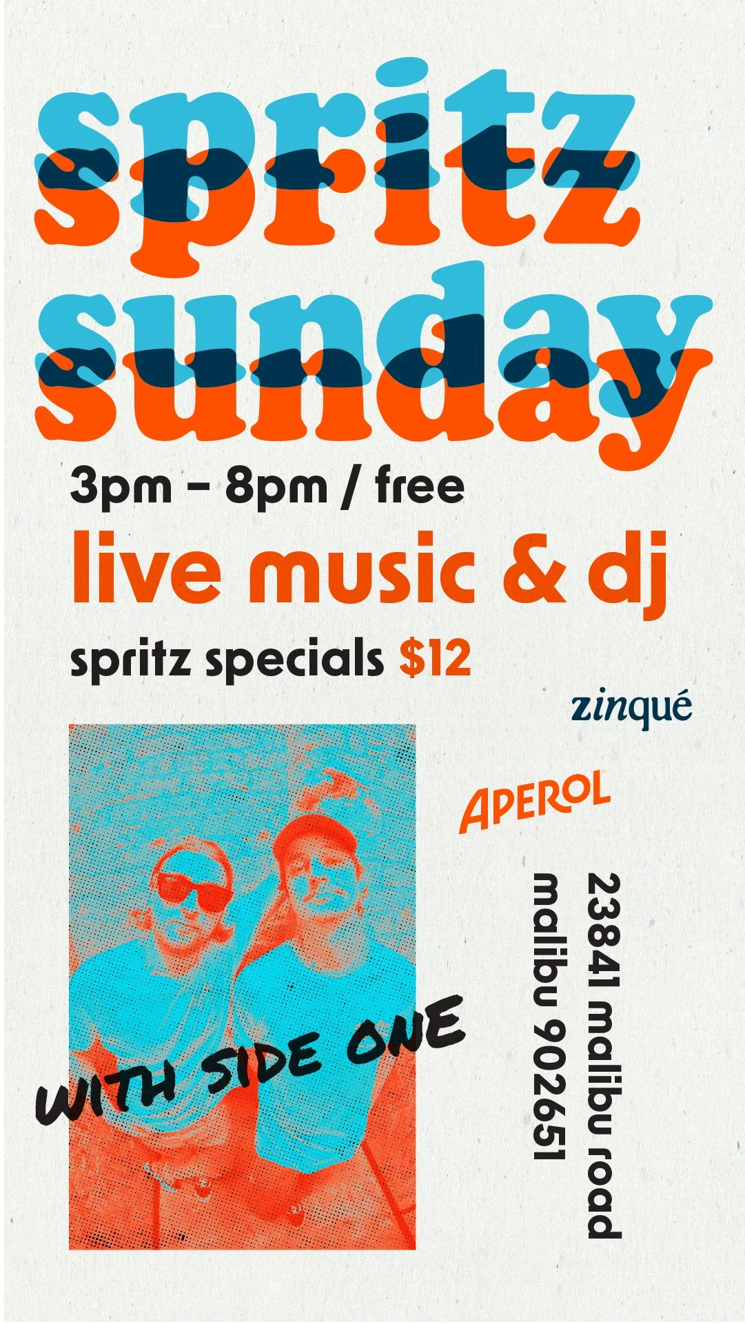 Promo for Sprtiz Sunday at zinqué Malibu