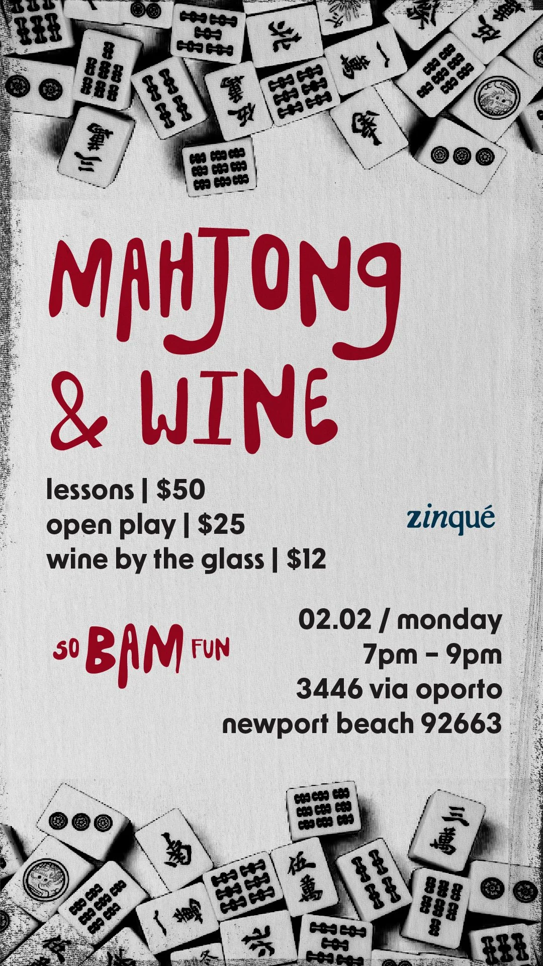 Promo for Mahjong & Wine at zinqué Newport Beach
