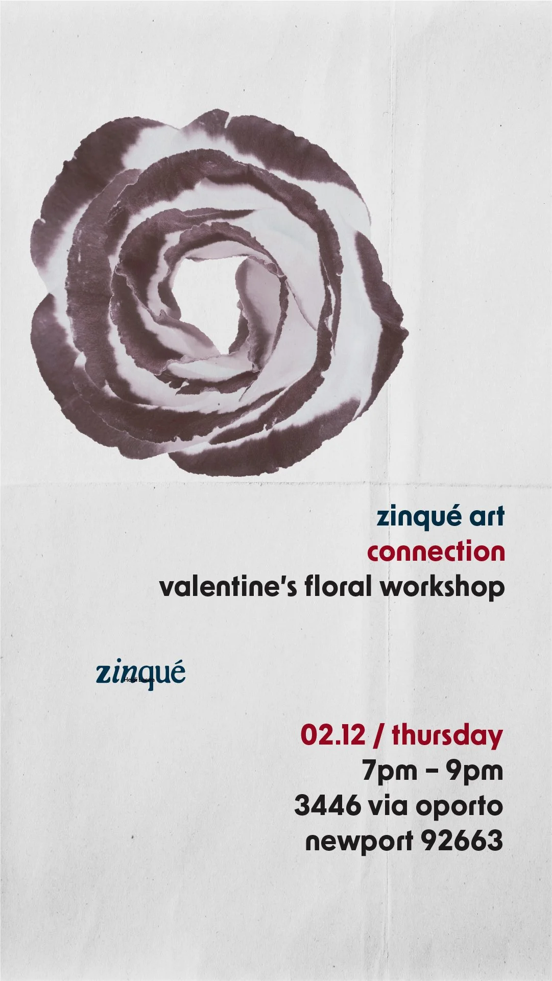 Promo for Valentine's Floral Workshop at zinqué Newport