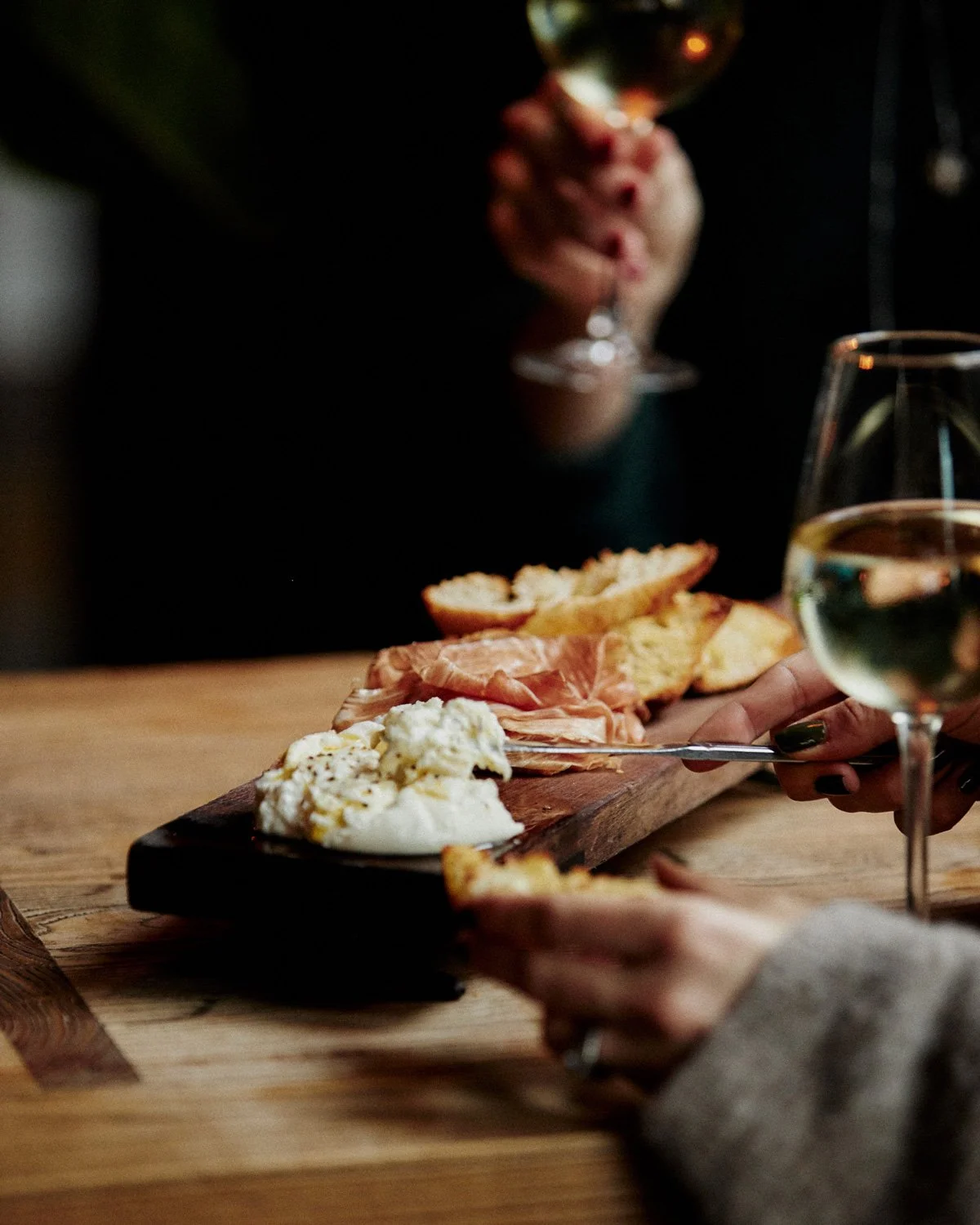 Photos of burrata, San Daniele prosciutto & wine at zinqué, a French restaurant