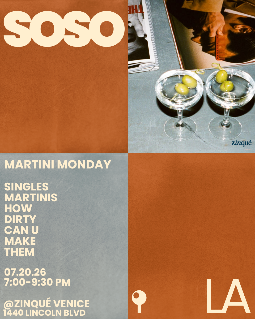 Promo for Martini Monday Singles Night at zinqué Venice