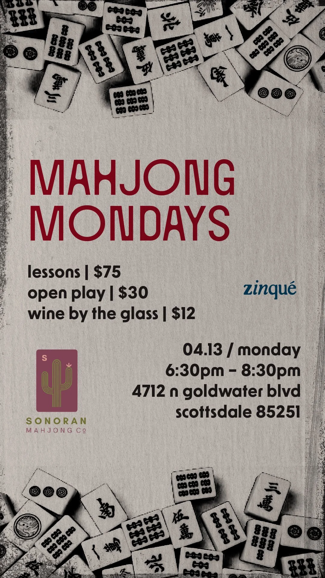 Promo for Mahjong Mondays at zinqué Scottsdale