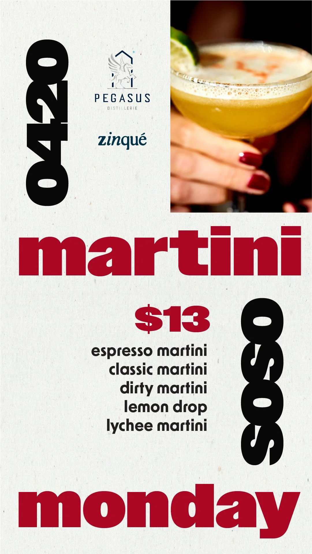 Menu for Martini Monday at zinqué Venice