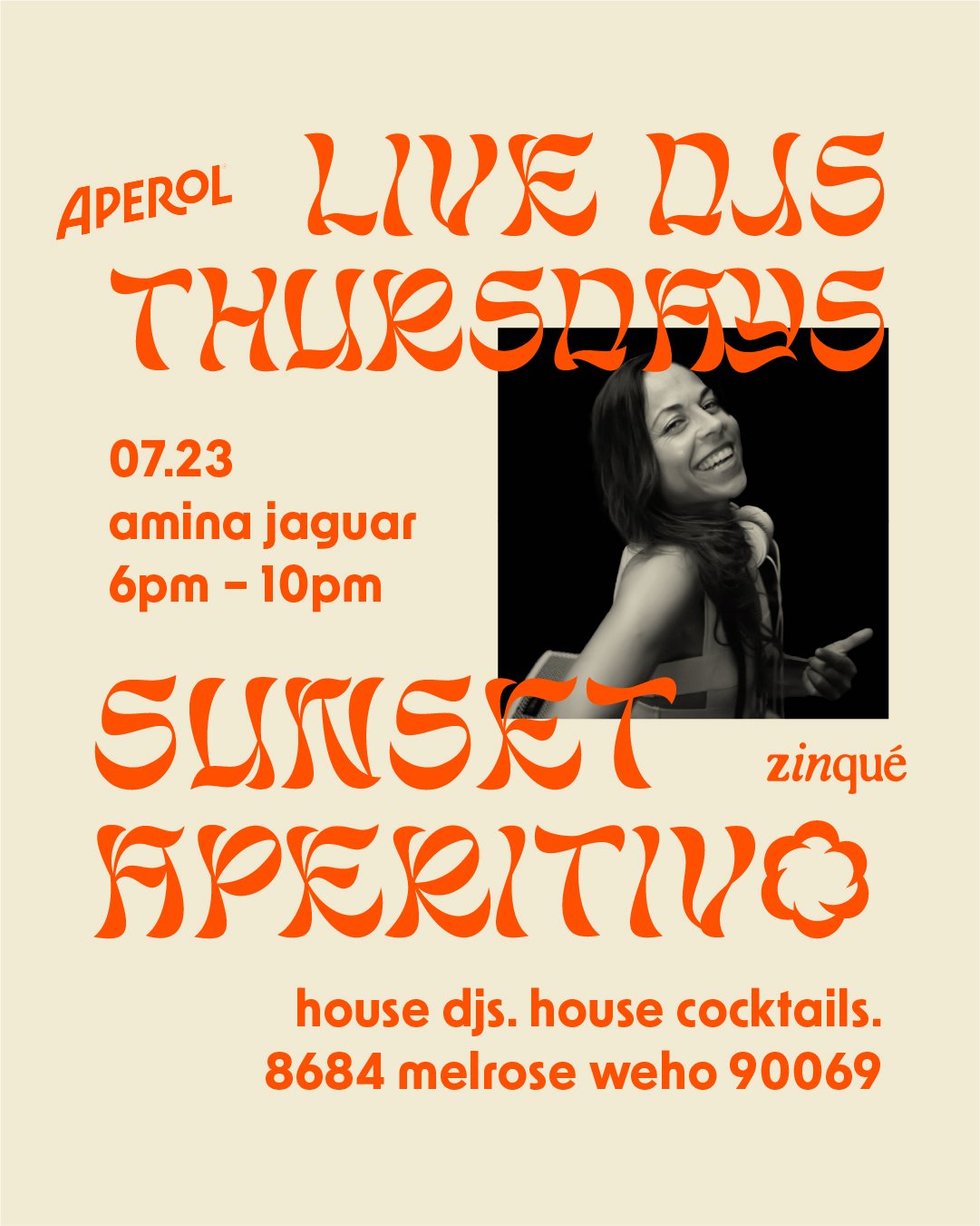 Promo for Sunset Aperitivo with DJ AMINA Jaguar at zinqué West Hollywood, a French restaurant