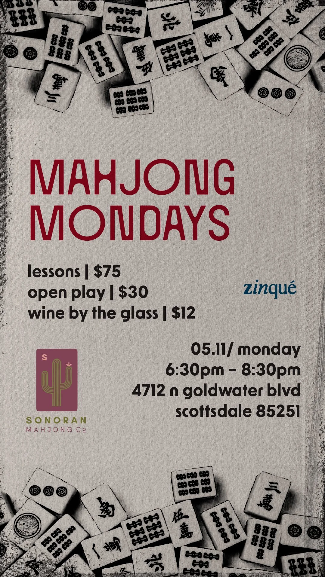 Promo for Mahjong Mondays at zinqué Scottsdale