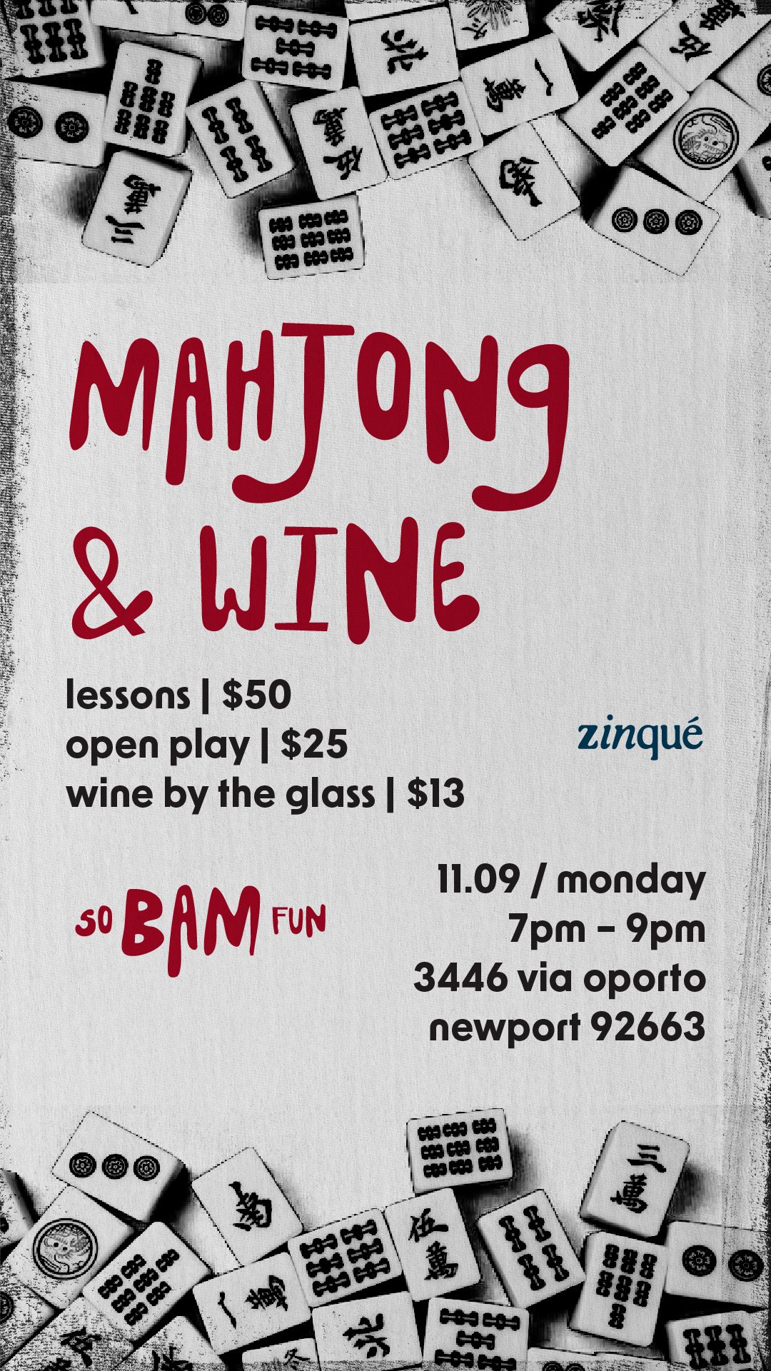 Promo for Mahjong & Wine at zinqué Newport