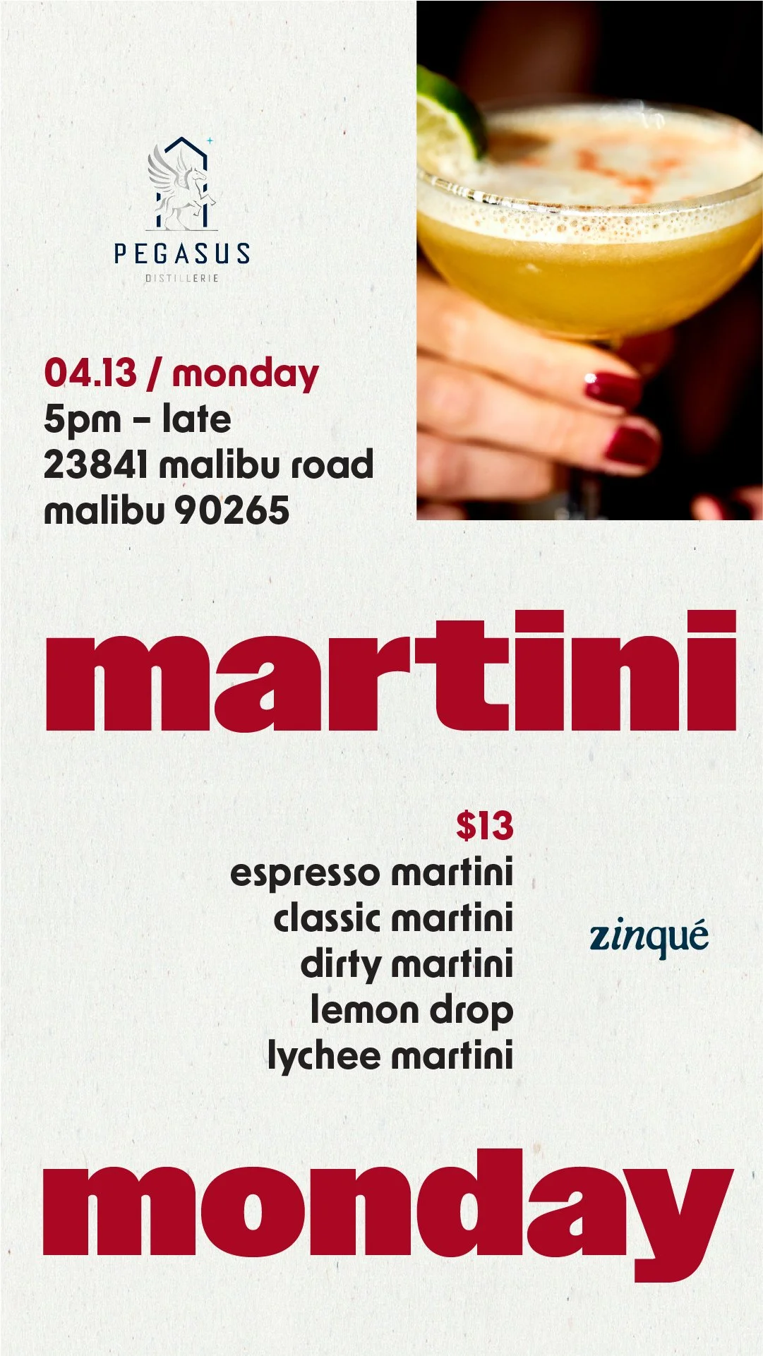 Promo for Martini Monday at zinqué Malibu