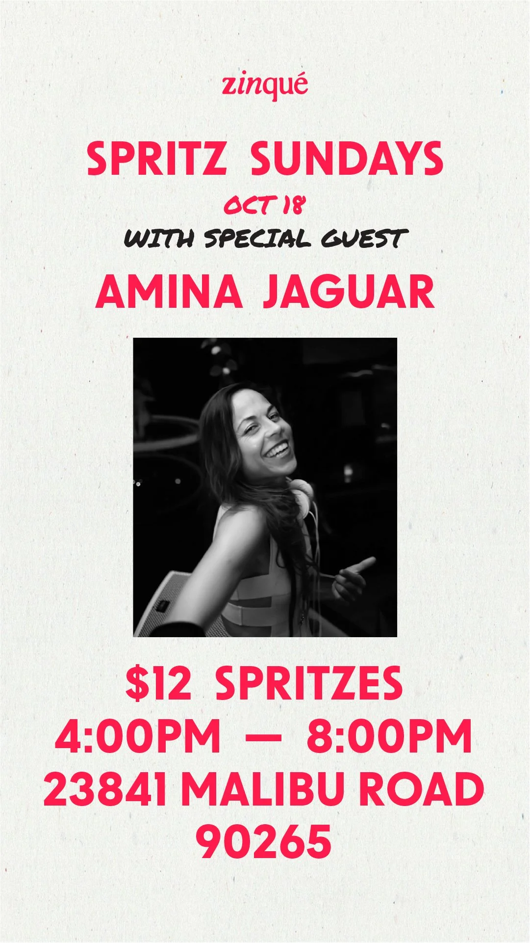 Promo for Spritz Sundays with DJ AMINA Jaguar at zinqué Malibu