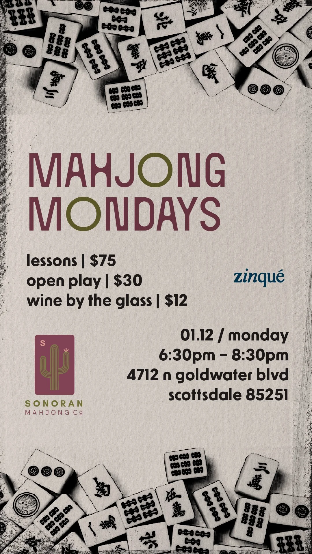 Promo for Mahjong Mondays at zinqué Scottsdale
