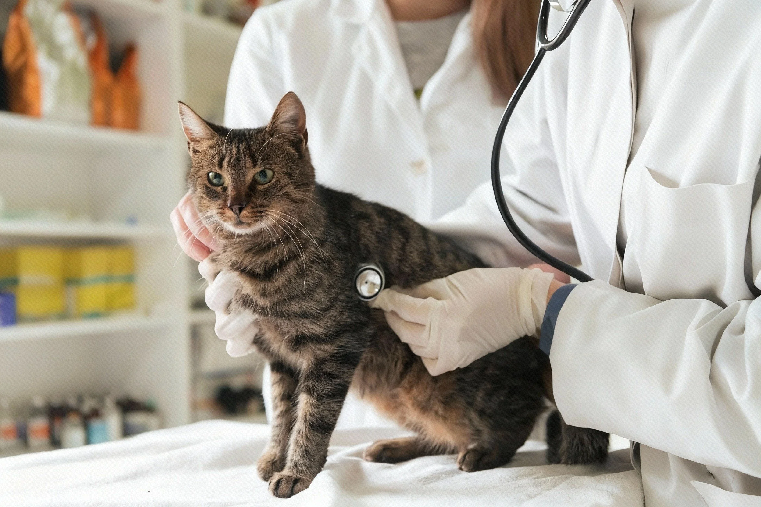 Tabby cat being examined by a veterinarian with a stethoscope in a clinic, highlighting preventative veterinary care.