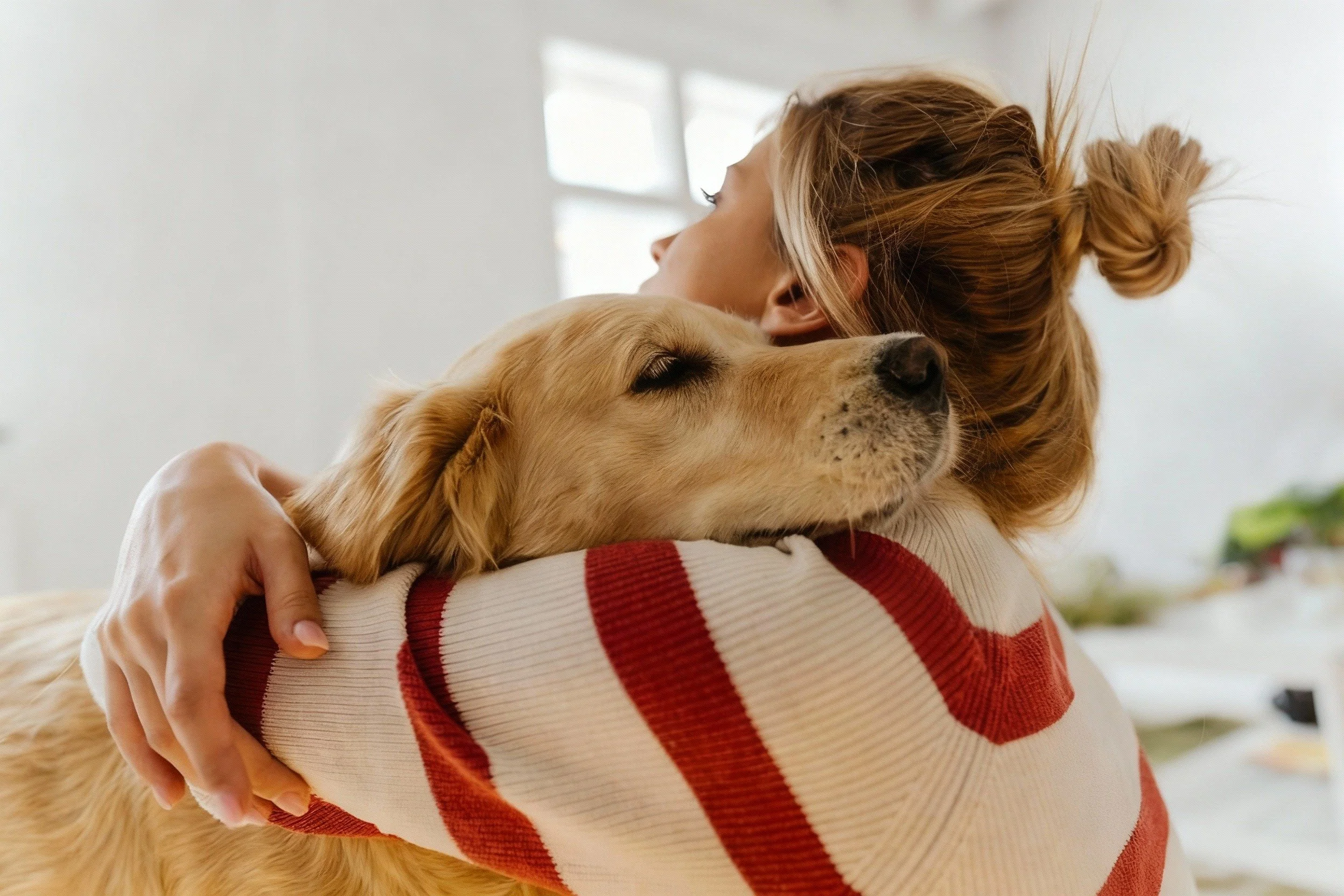 Woman in striped sweater hugging a relaxed golden retriever indoors, showing a moment of affection and pet bonding.
