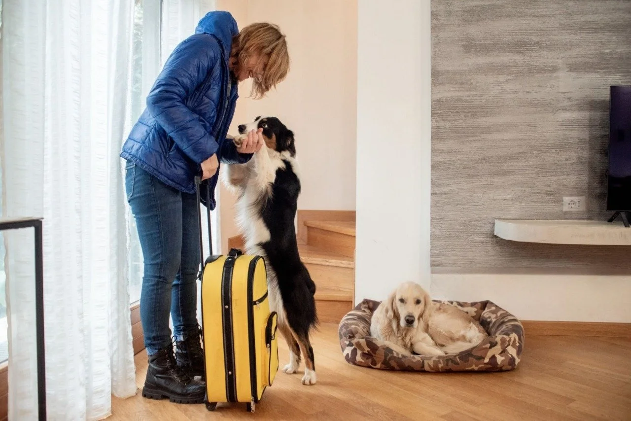 Woman in blue jacket saying goodbye to her dog while holding a suitcase at home