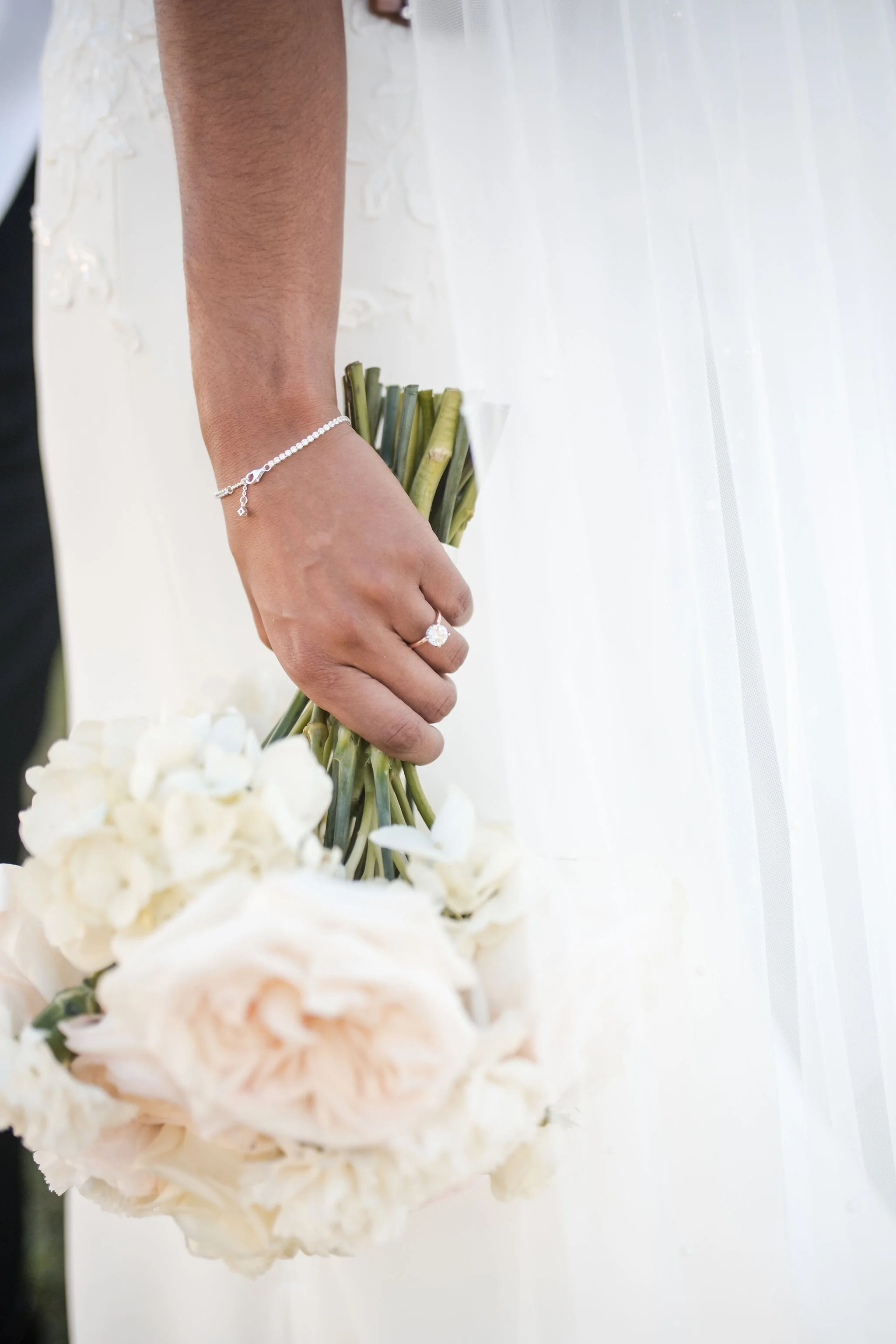 Close-up of a bride's hand holding a bouquet of flowers, wearing a silver ring and bracelet, with a white wedding dress in the background.