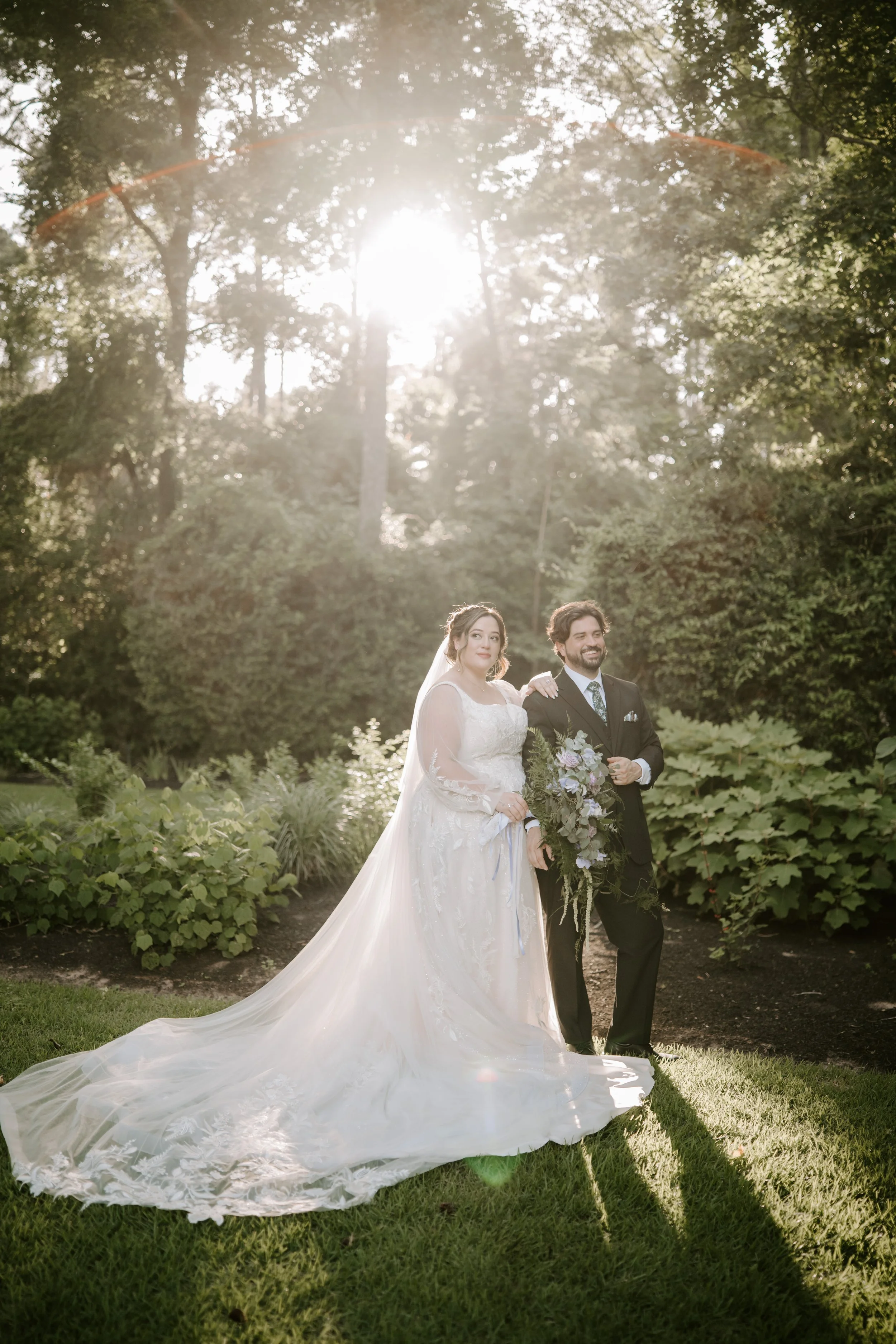 a couple is taking their wedding pictures in golden hour