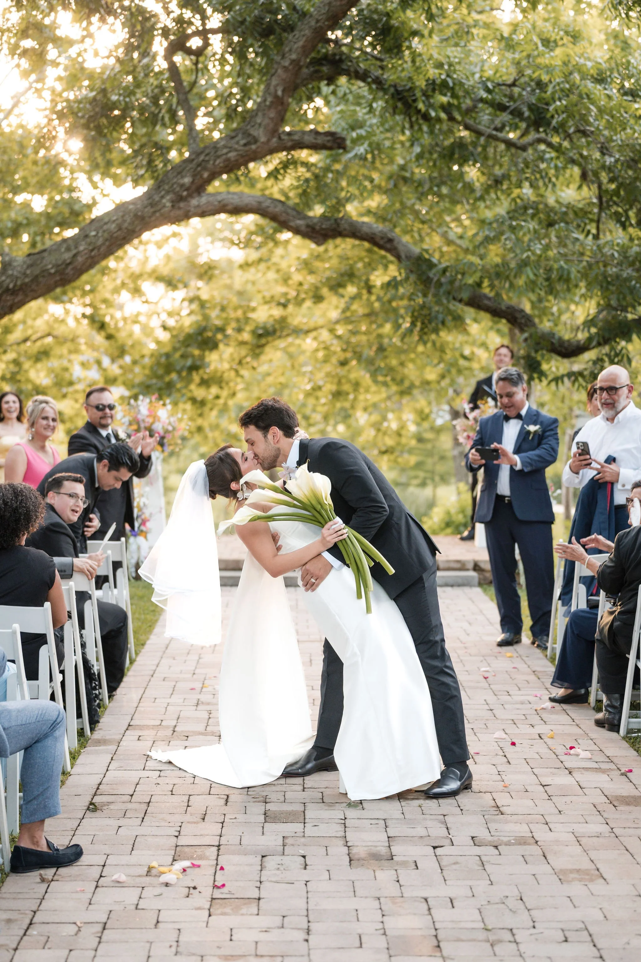 A bride and groom sharing a kiss at their outdoor wedding ceremony, surrounded by seated guests taking photos, with a large tree and sunlight in the background.