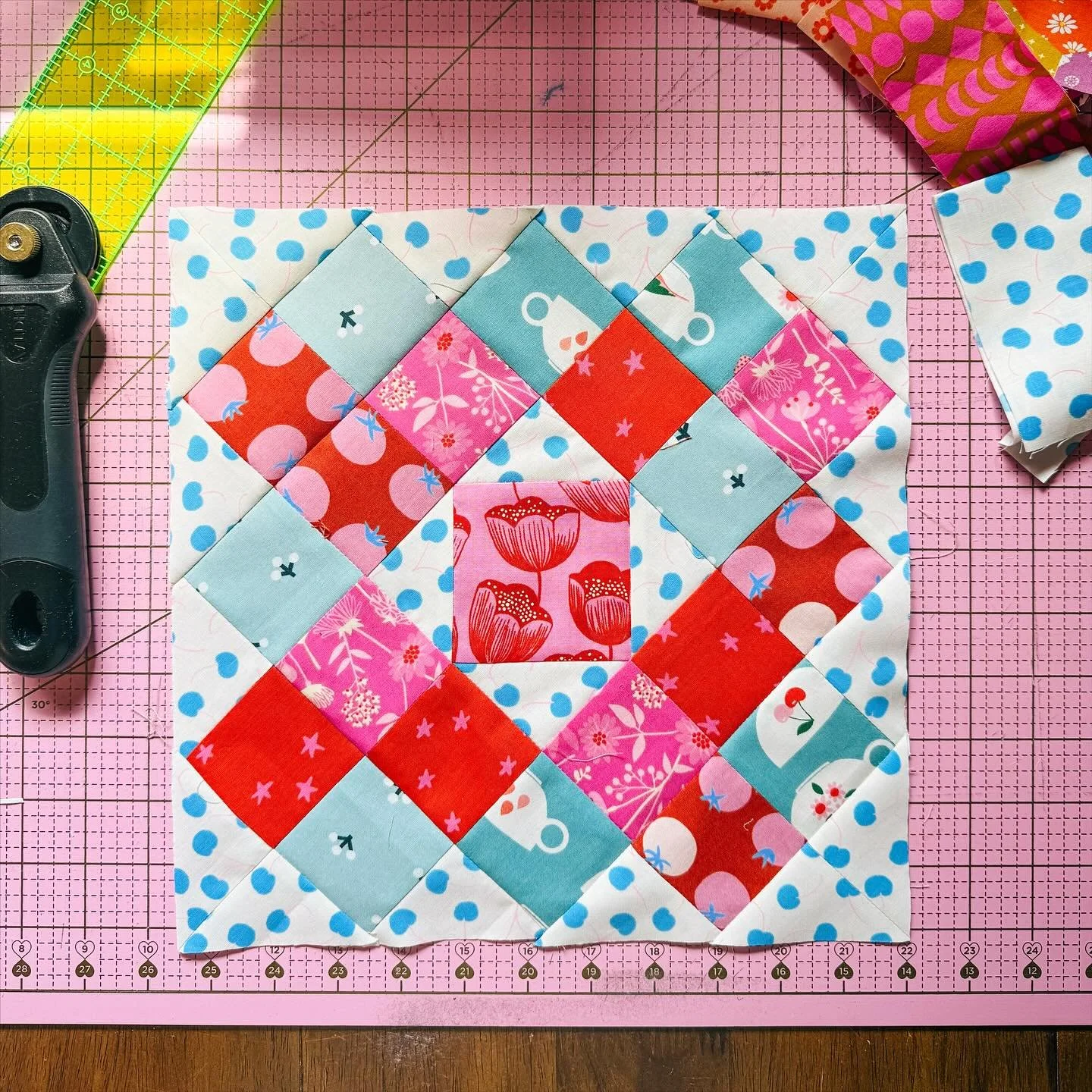Playing with some block ideas this afternoon 🍒

I&rsquo;d say this was the quilt equivalent of doodling&mdash;grabbing some fabrics I liked in the moment, cutting some squares, doing some low stakes sewing&hellip;just taking a moment to create and t