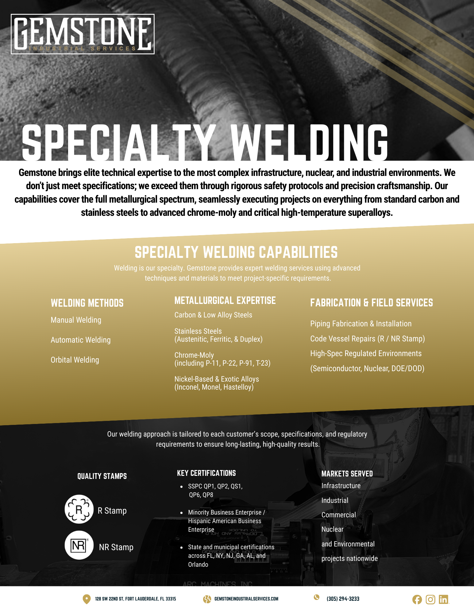 Brochure for Gemstone Industrial Services highlighting their specialty welding capabilities, methods, metallurgical expertise, fabrication services, certifications, quality stamps, and markets served.