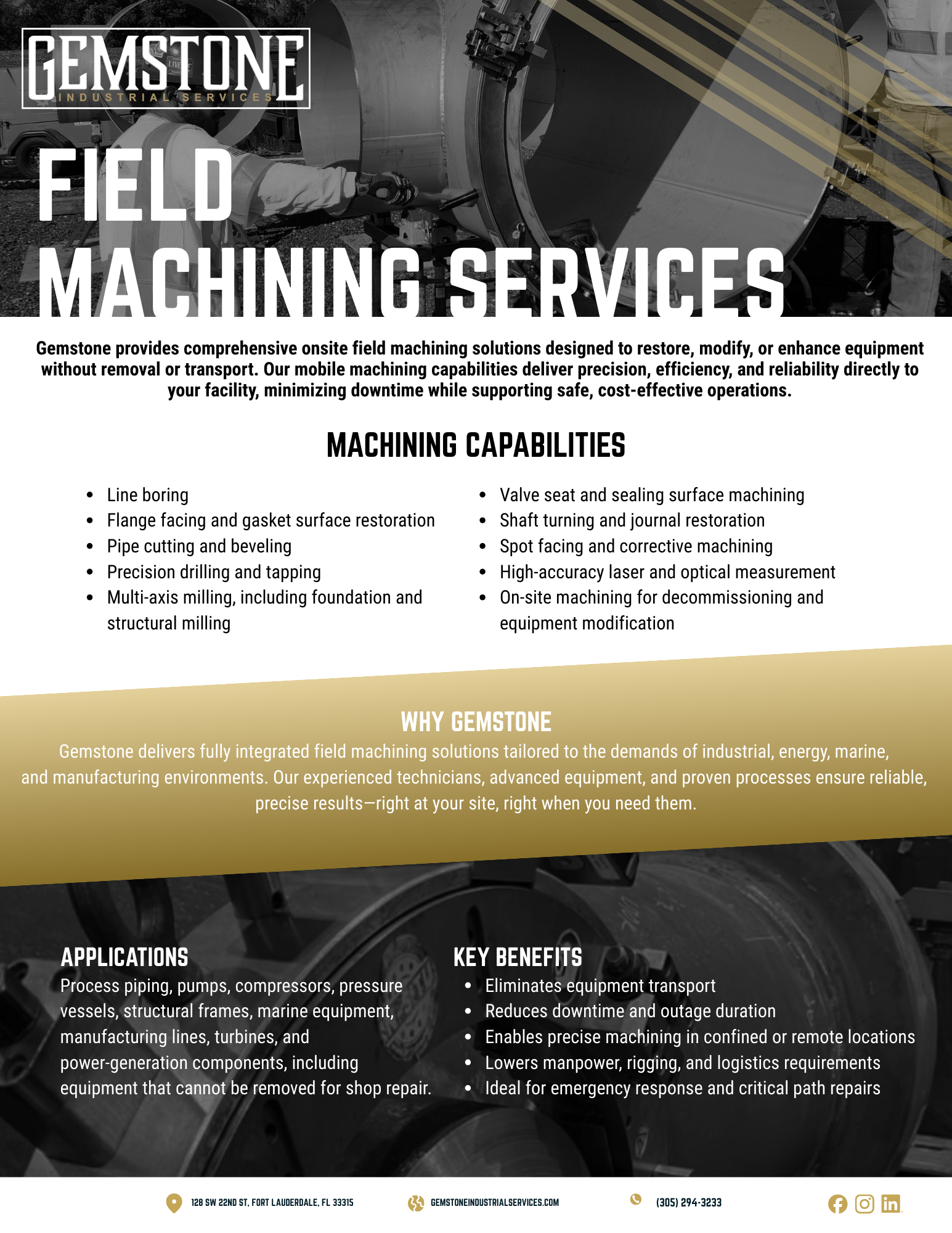 An flyer for Gemstone Industrial Services promoting field machining services. The flyer highlights their machining capabilities, reasons to choose Gemstone, applications of their services, and key benefits, with contact information at the bottom.