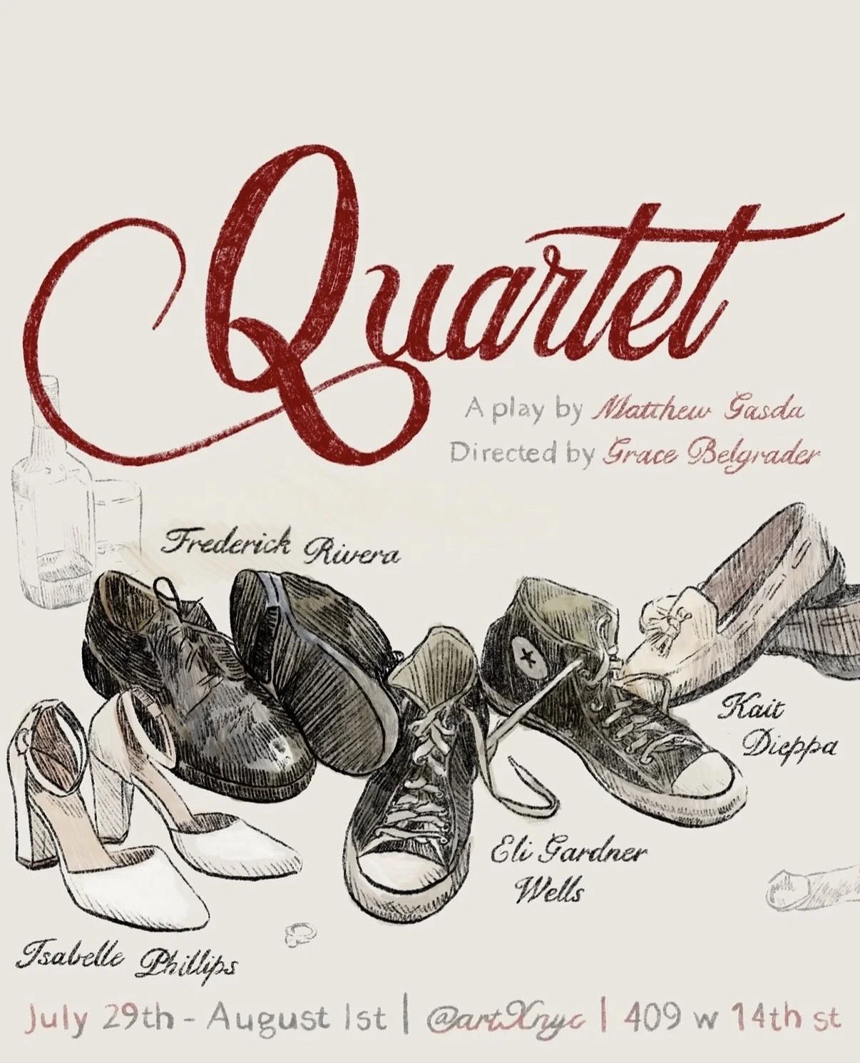 Poster for the play "Quarter" featuring illustrations of shoes, including heels, sneakers, and boots, with text about the cast and performance dates.