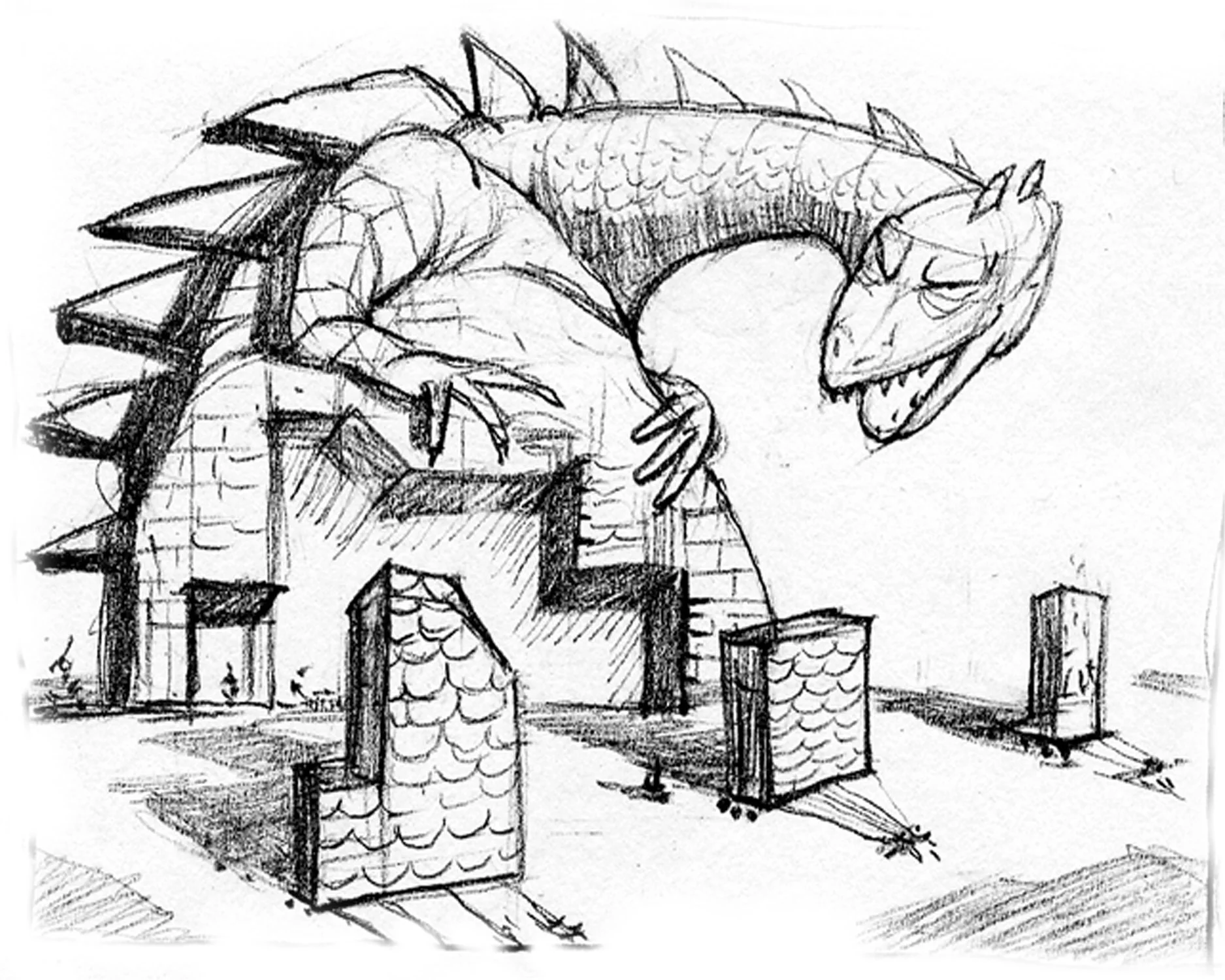 "Toshiba"  Thumbnail sketch. Graphite on tracing paper. The project called for an image of downsizing a corporation. 