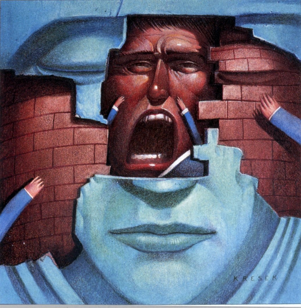 "Men Who Hide their Feelings" Oil on illustration board. Gallery Magazine. 