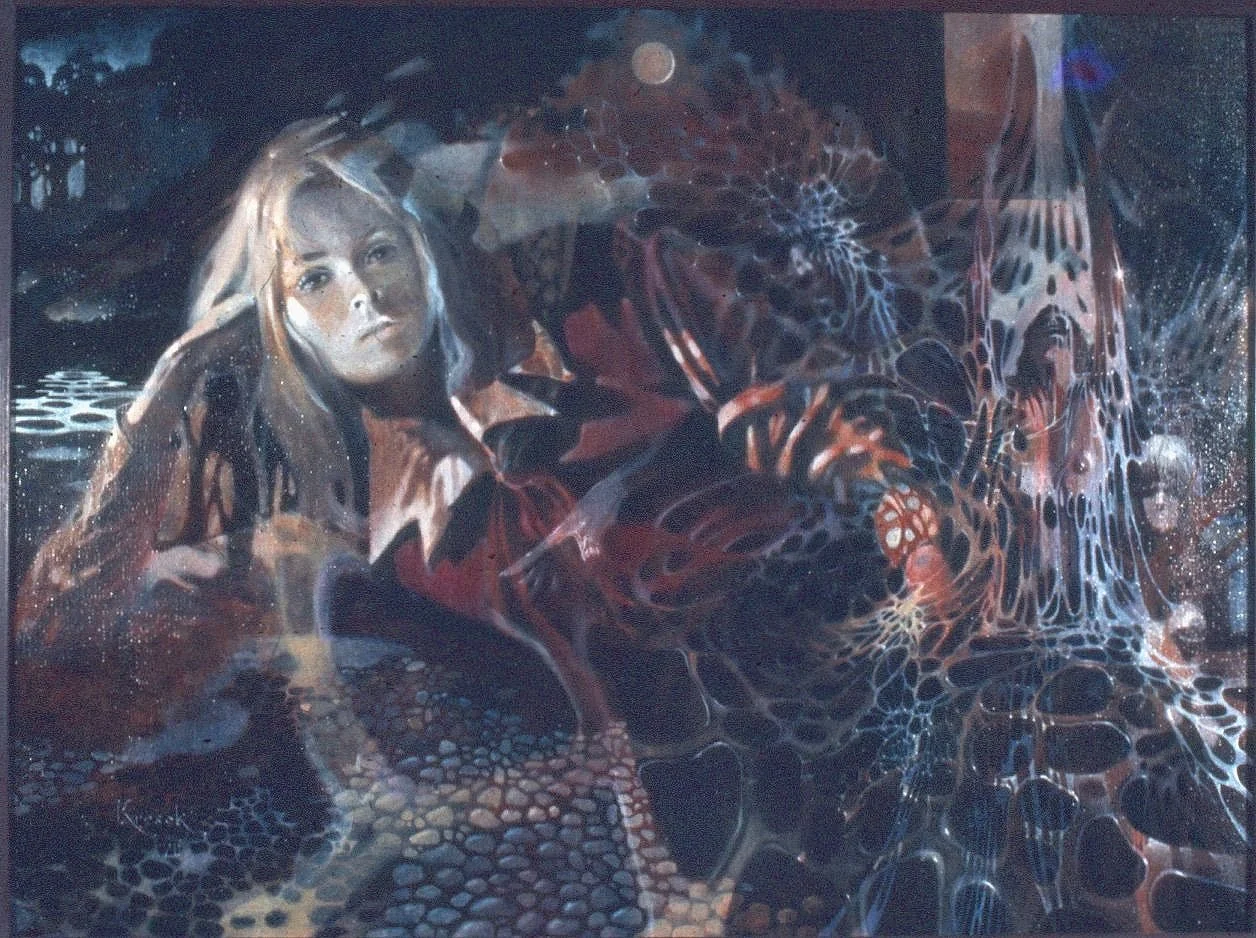 Kathy. Oil on canvas. Gabriel Gallery, 1969. I painted this in 1969 when I wore love beads, paisley, leather fringe long hair and bell bottoms. The owner of the gallery where I was showing, bought the painting on the day I brought it in. I heard from