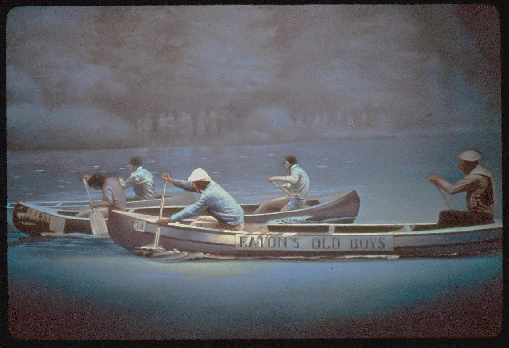 "Eaton's Old Boys" 1973. Oil on canvas. The annual Cooperstown Race along the headwaters of the Susquehanna River started very early in the morning. 